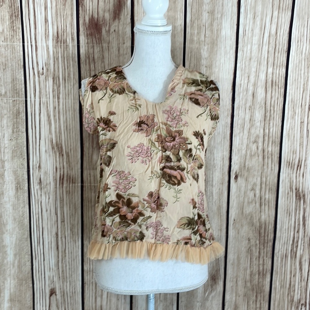 April Cornell Tan Sleeveless Floral Top w/Attached Lining & tulle accented hem